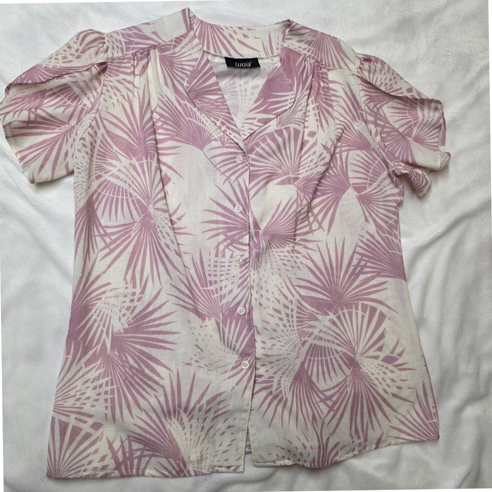 Lucia Hawaiian Shirt Large Pink White Tropical‎ Palm Leaf Print Button Up